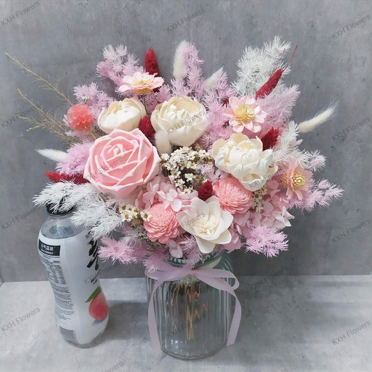 pink preserved flowers in clear vase sg free delivery