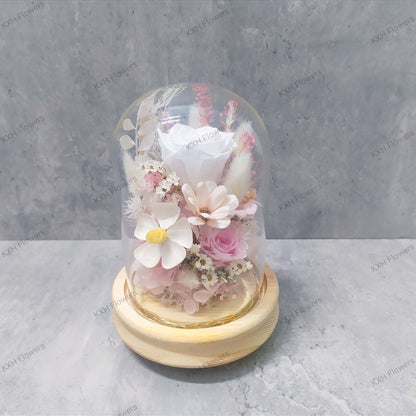 white and pink floral dome with LED lights and batteries singapore