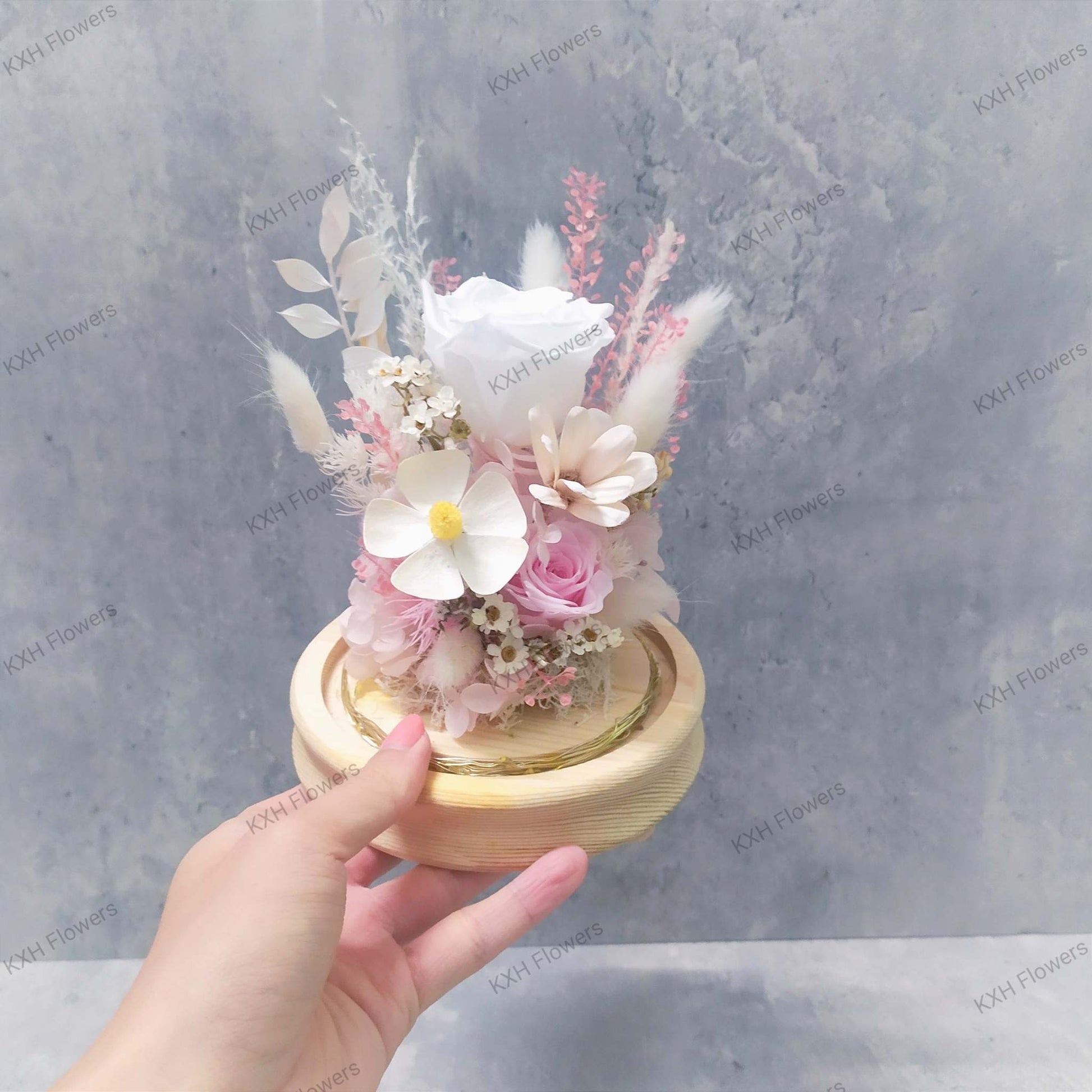 white and pink floral dome preserved flowers