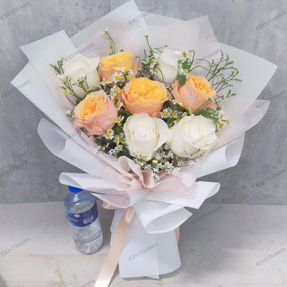 peach garden roses white roses chamomile daisies singapore bouquet delivery