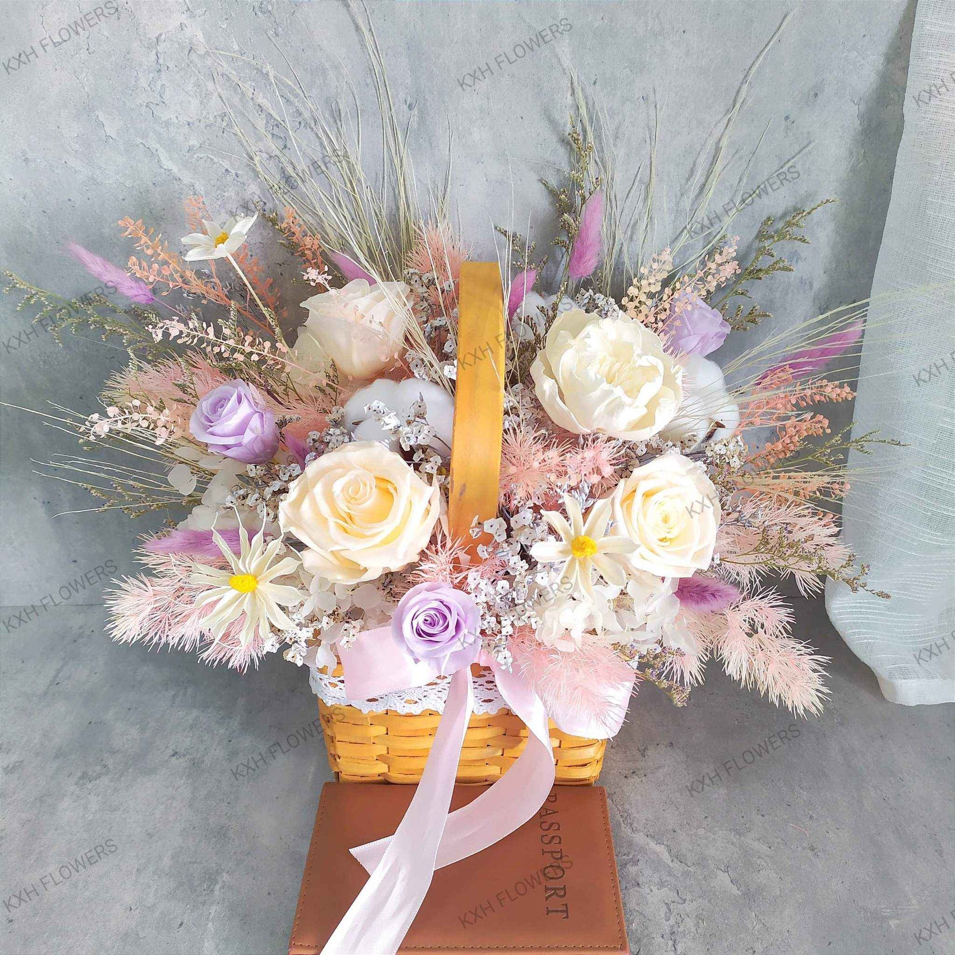 Purple Peach Preserved Flower Basket - KXH Flowers