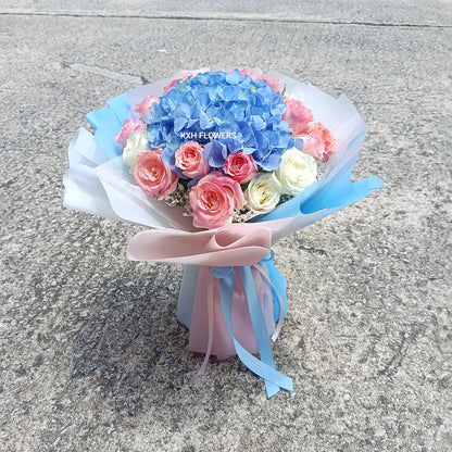 sweet pink and light blue traditional round bouquet singapore delivery