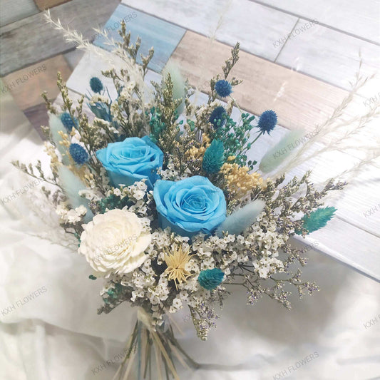 blue and white bridal bouquet dried flowers singapore florist free delivery