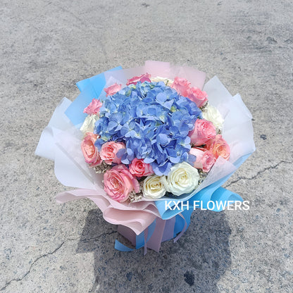blue hydrangea bouquet with white and pink roses singapore delivery sg florist