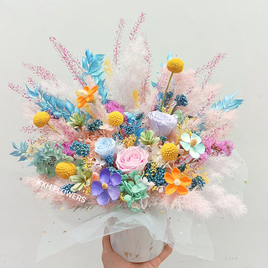 colourful preserved flowers arranged in ceramic vase sg florist free delivery