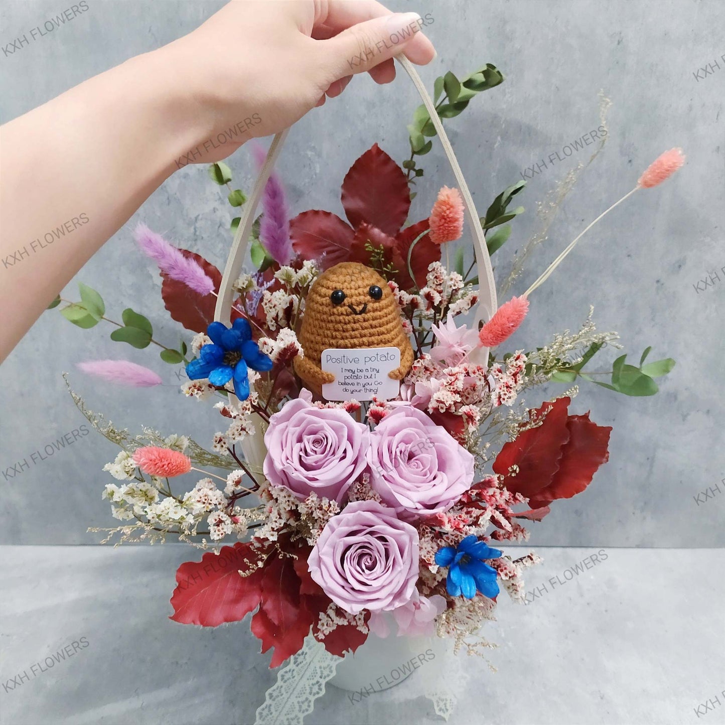 Crochet figure and preserved flowers - KXH Flowers