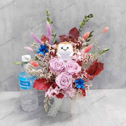 Crochet figure and preserved flowers - KXH Flowers