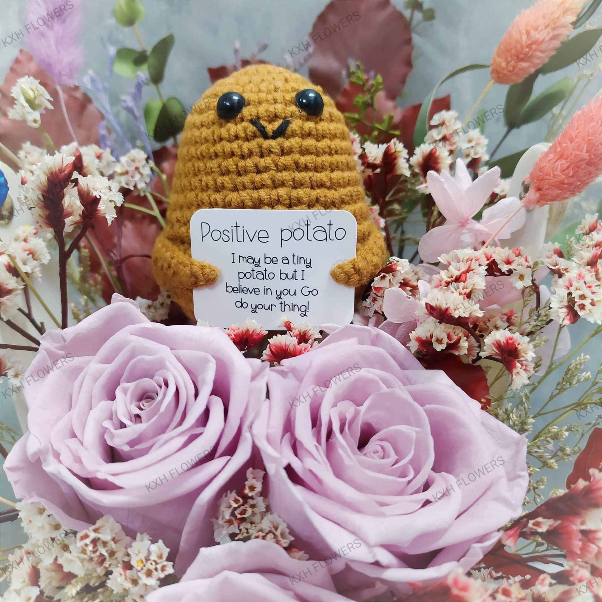 Crochet figure and preserved flowers - KXH Flowers