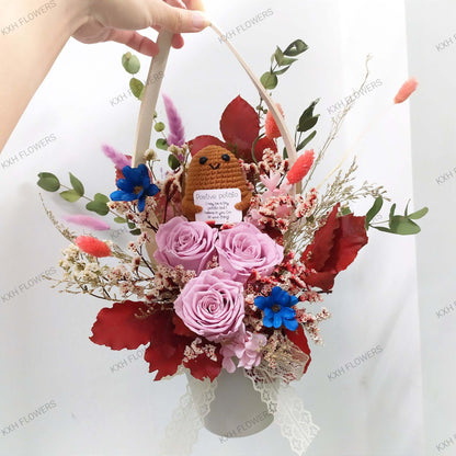 Crochet figure and preserved flowers - KXH Flowers