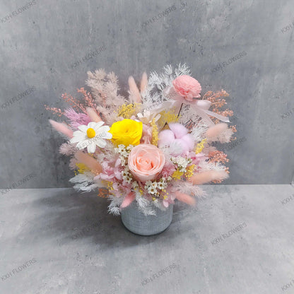 pink and yellow bright and sweet preserved floral arrangement singapore free delivery