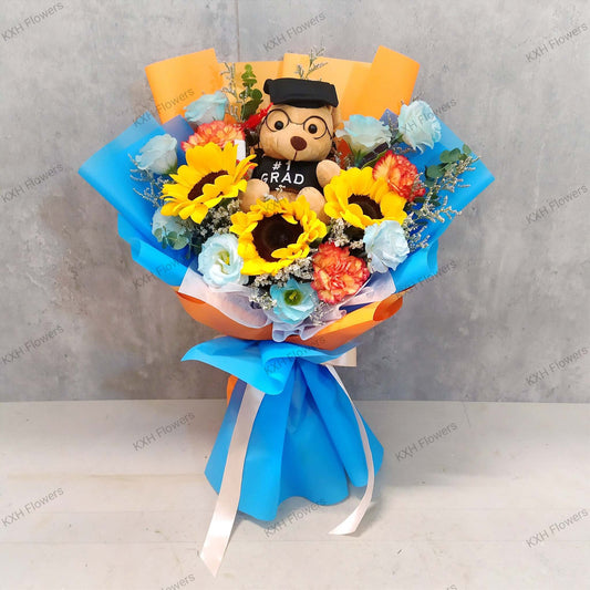 3 sunflowers graduation bouquet with bear blue orange