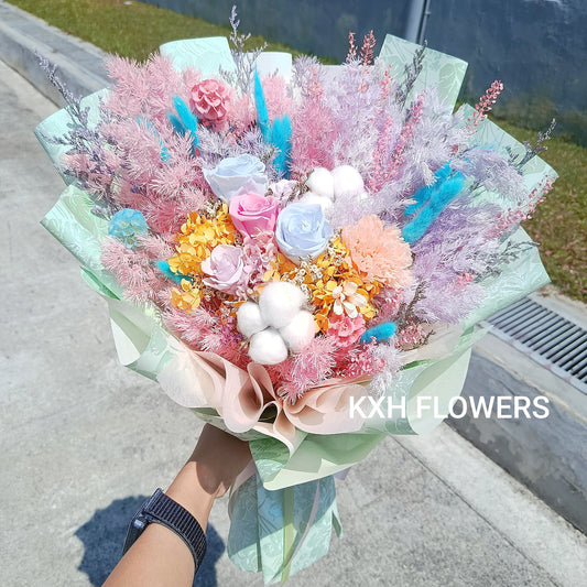 3 roses, 2 mini roses, 1 carnation and 2 cotton flower preserved flower bouquet singapore florist sg free delivery