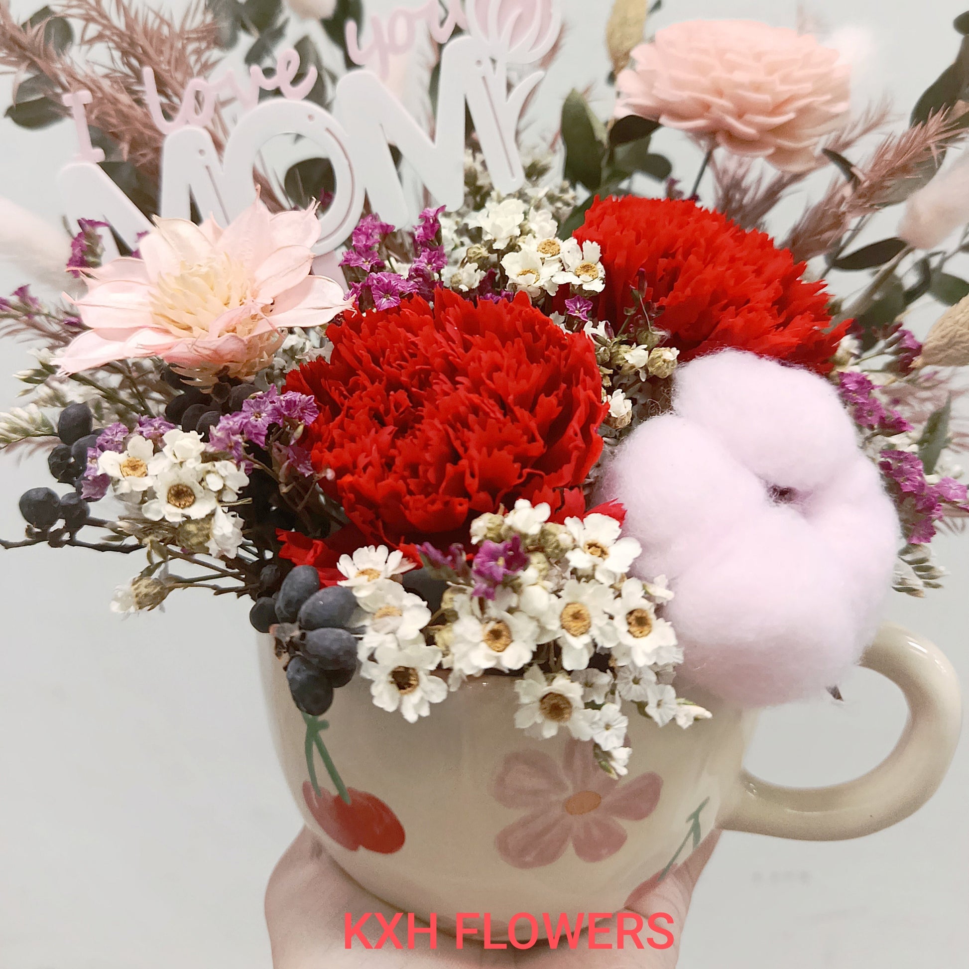red and pink floral arrangement preserved flowers for mother day singapore florist delivery
