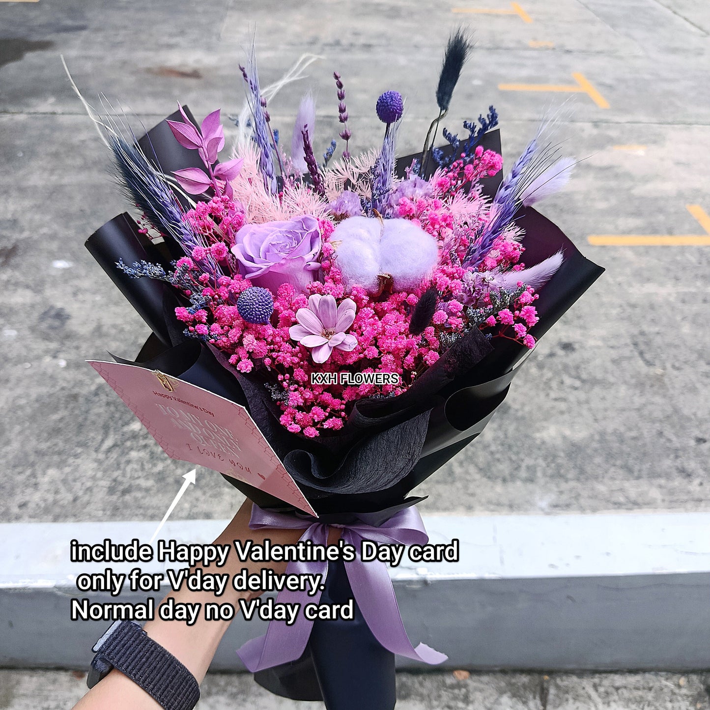 purple hot pink and black coloured preserved flower bouquet - kuromi style. Sg florist free delivery