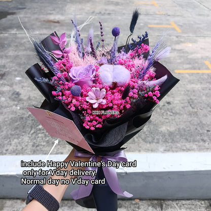 purple hot pink and black coloured preserved flower bouquet - kuromi style. Sg florist free delivery