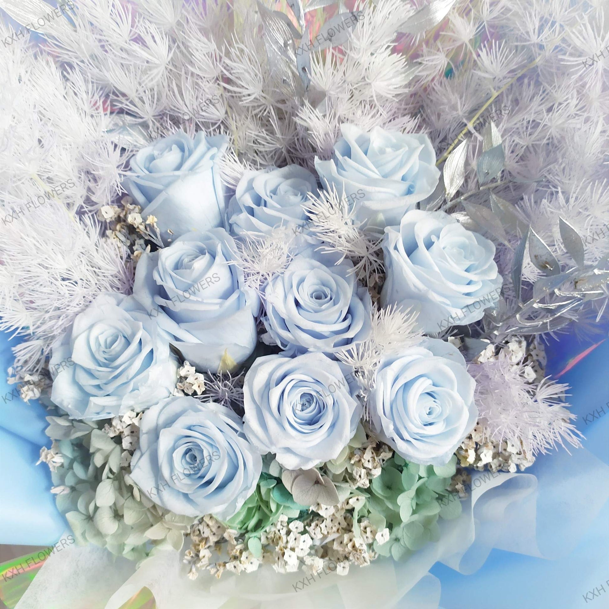 10 light blue preserved roses bouquet SG flower delivery