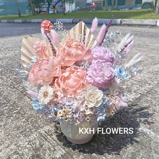 solawood peonies and preserved peonies-roses in holographic ceramic pot singapore florist sg delivery