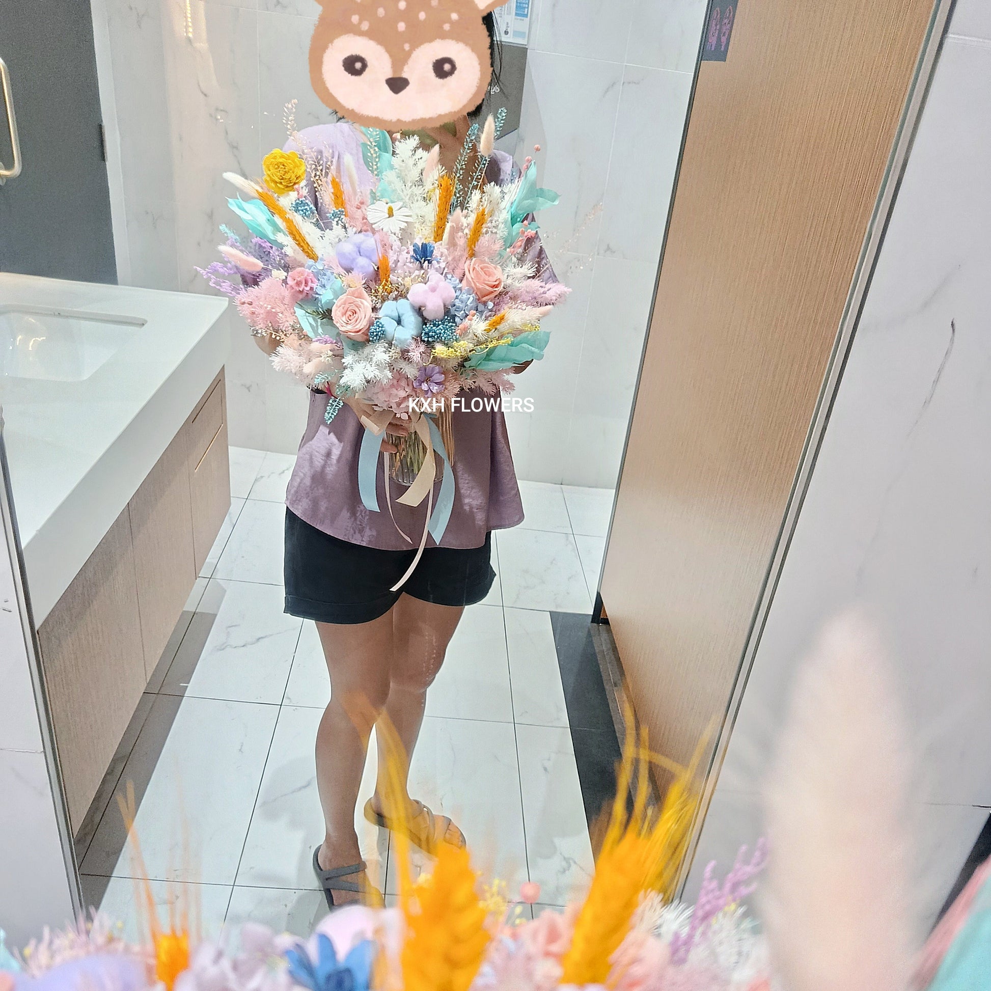 160cm real human holding vase of preserved flowers singapore florist sg delivery