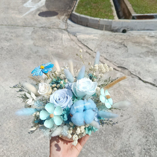 light blue and white colour theme handcrafted preserved flowers in cute teacup singapore florist sg delivery