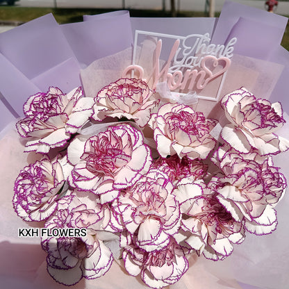 2 tone purple carnations bouquet with thank you mom tag