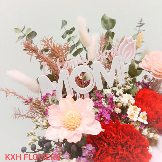preserved red carnations floral arrangement with i love you mom tag sg online florist free delivery