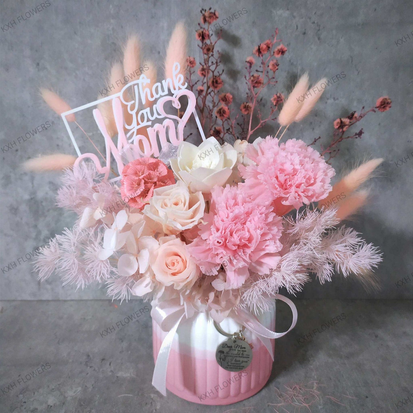 mothers day preserved flowers with thank you mom tag and message keychain