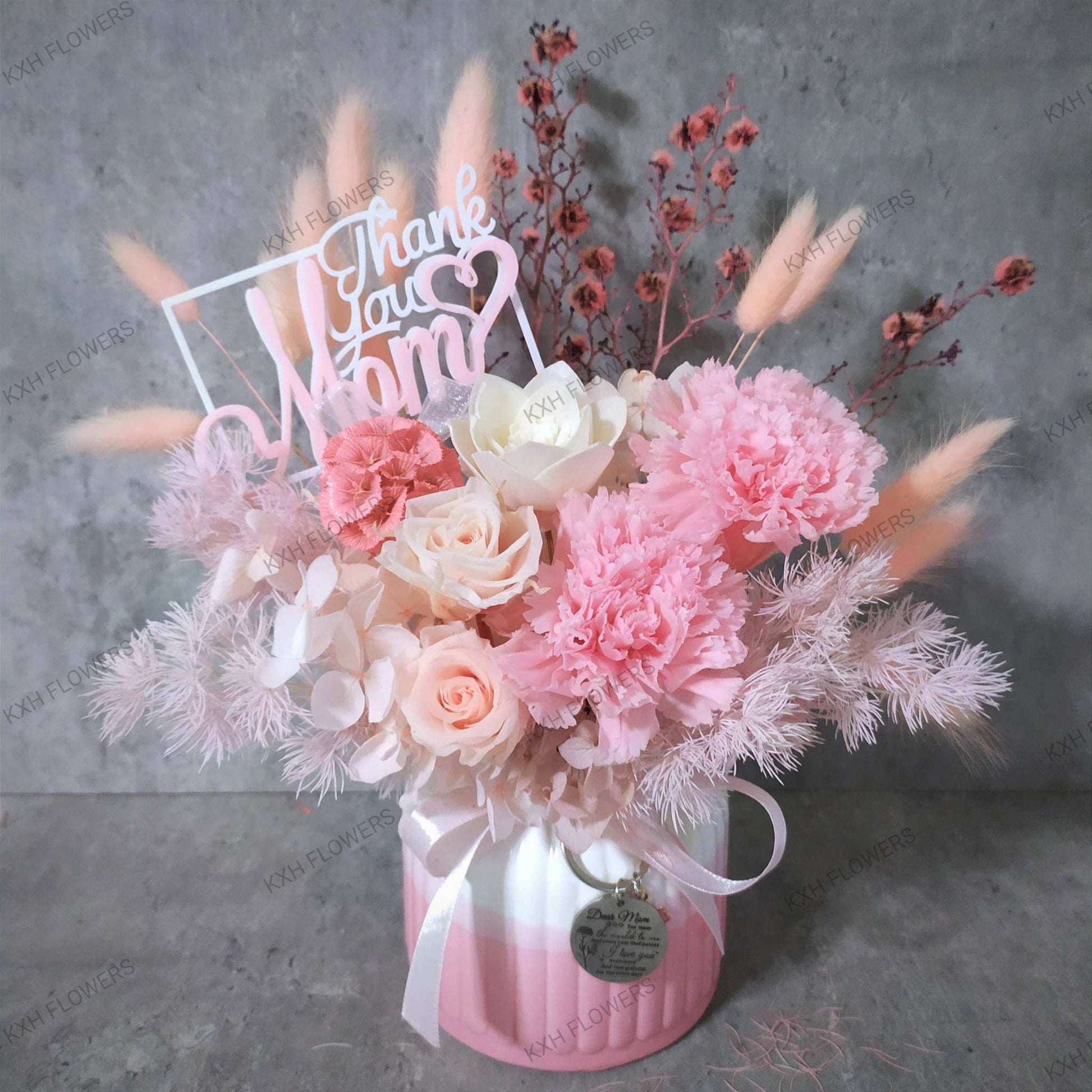 mothers day preserved flowers with thank you mom tag and message keychain