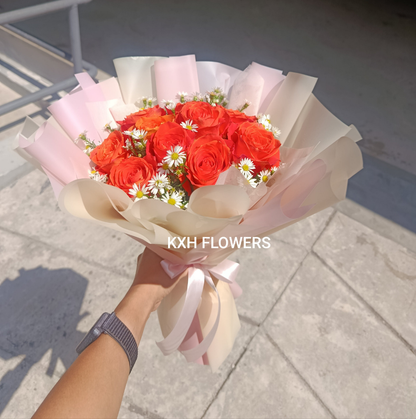 orange roses with mini daisies bouquet