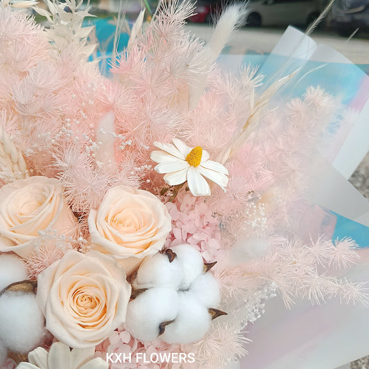 3 preserved champagne roses and pink fillers white wrapping preserved dried flower bouquet sg florist singapore flower delivery