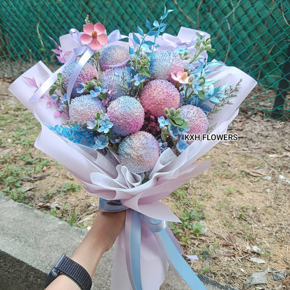 9 ping pong flowers with blue tweedia singapore flower delivery