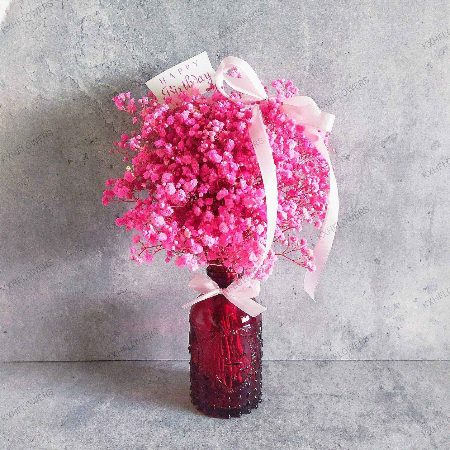 Hot Pink Baby's Breath in Bottle Vase (Dried Flowers) - KXH Flowers