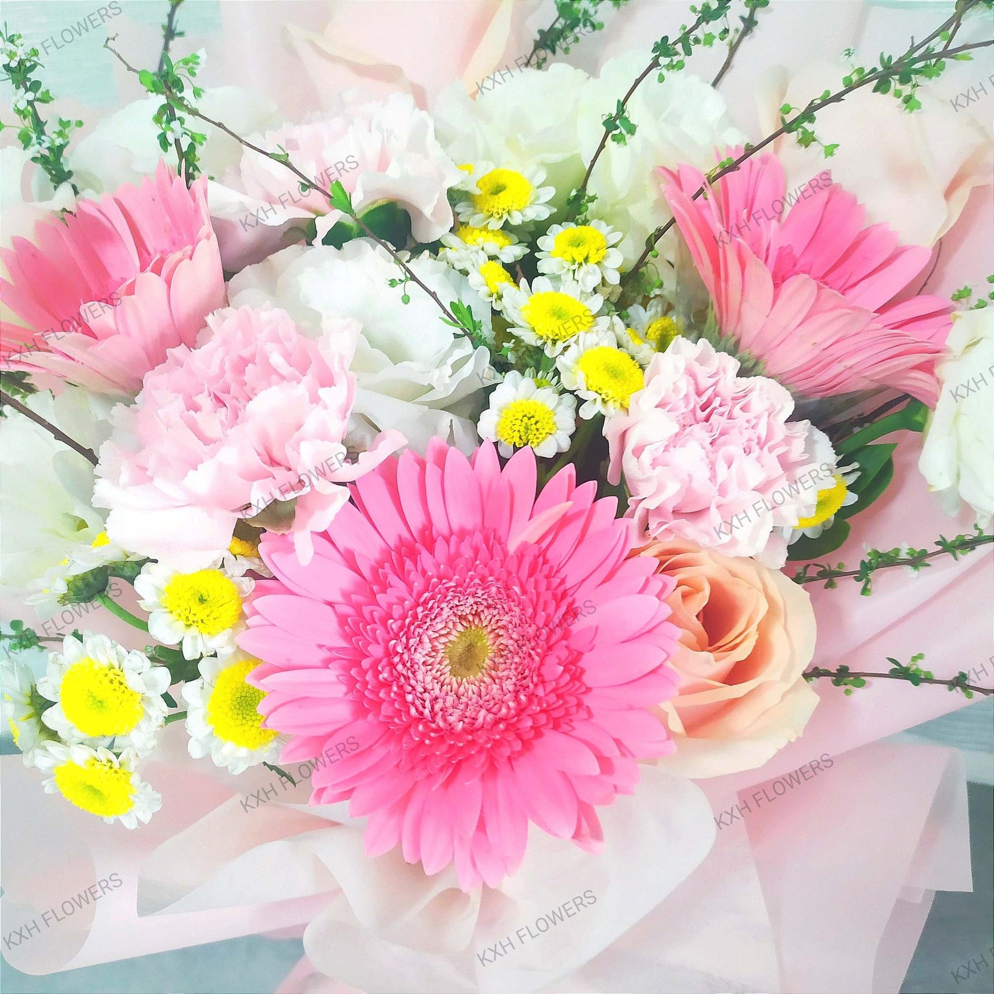 pink gerberas and peach roses flower bouquet singapore florist free delivery