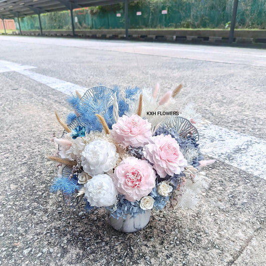 Modern luxury flower arrangement using preserved peonies bespoke custom flowers singapore florist with free delivery