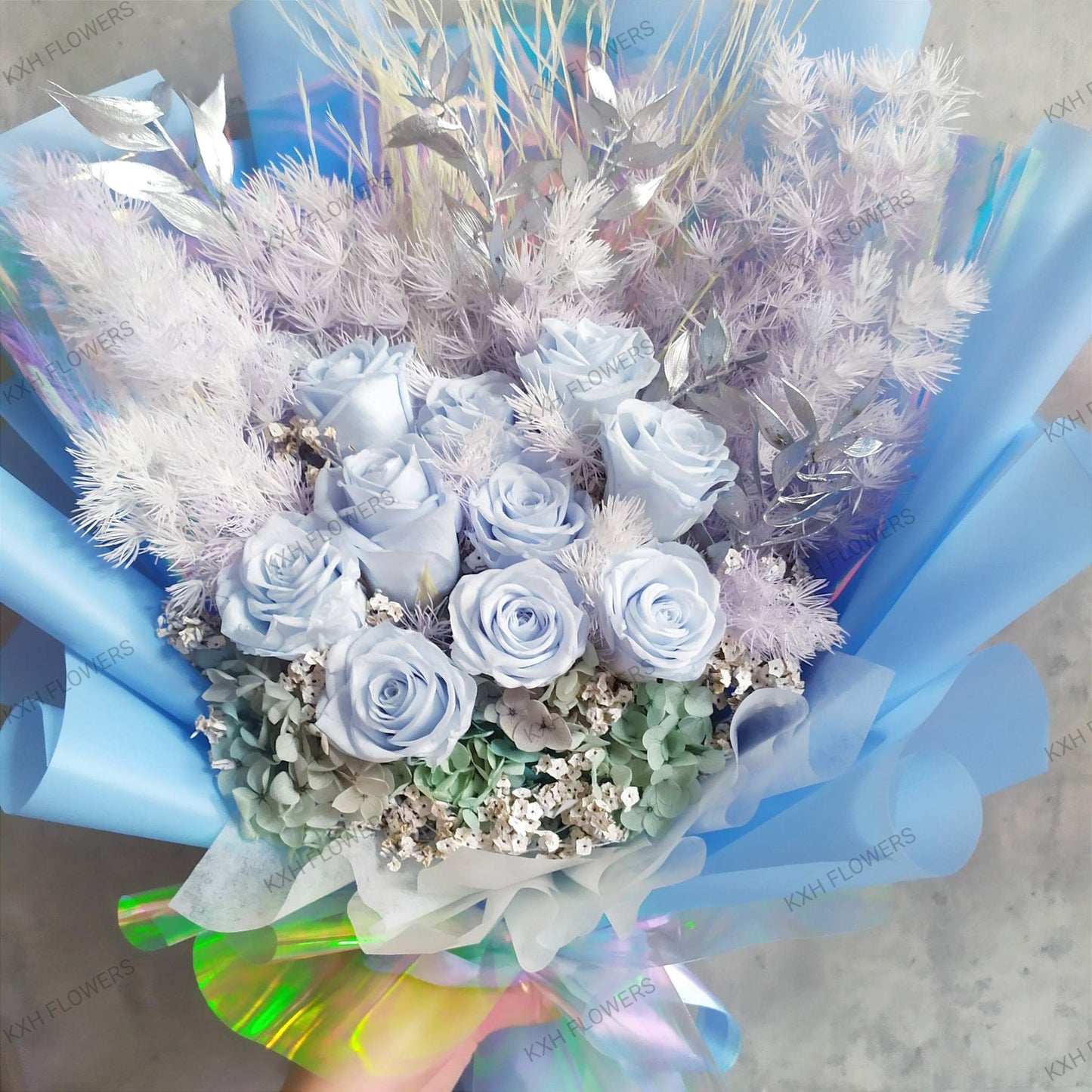 blue preserved roses bouquet sg florist