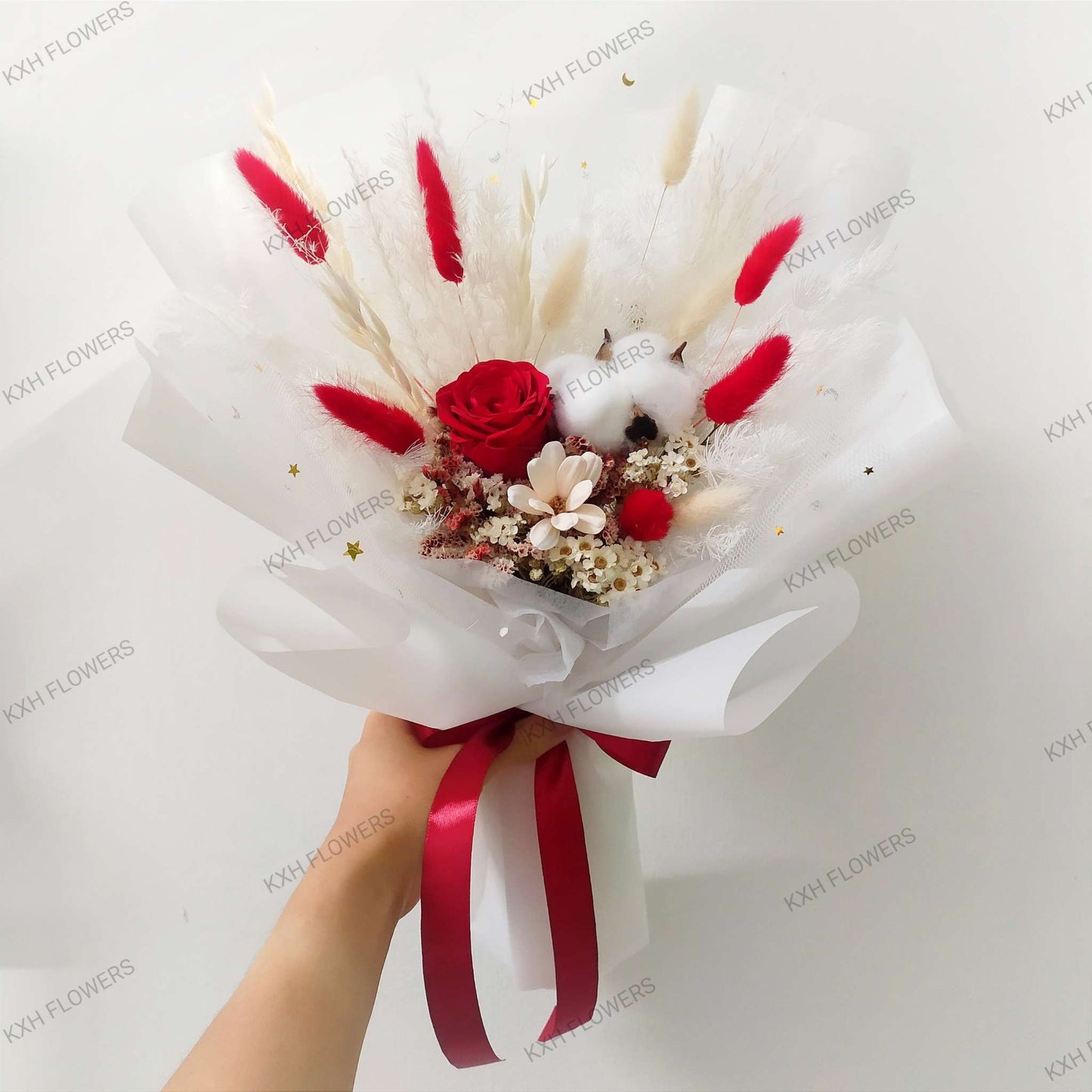 red white preserved flowers bouquet singapore florist free delivery