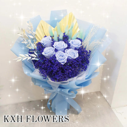 6 preserved blue roses dark blue baby's breath bouquet singapore florist free delivery