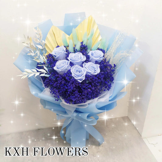 6 preserved blue roses dark blue baby's breath bouquet singapore florist free delivery