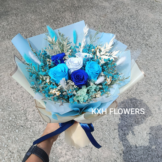 3 shades of blue roses preserved roses bouquet sg online flower delivery
