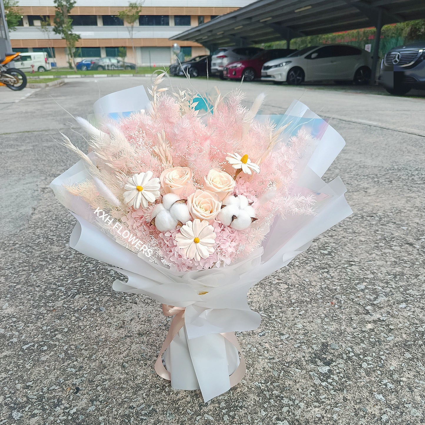 light pink and champagne pastel preserved flower bouquet singapore florist sg delivery