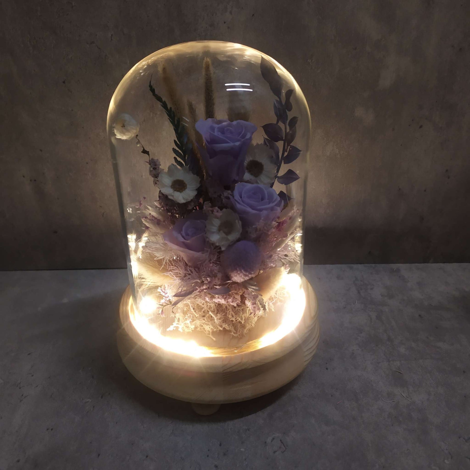 preserved floral dome with LED light