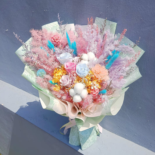 2 light blue roses, 1 pink rose, 2 mini light purple roses, 2 cotton flowers, 1 peach carnation and assorted pink and purple fillers sg florist
