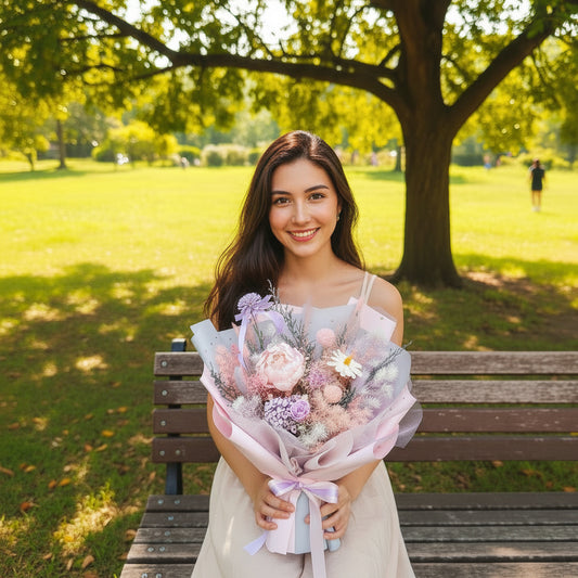 soft pink and purple preserved flower bouquet singapore florist delivery