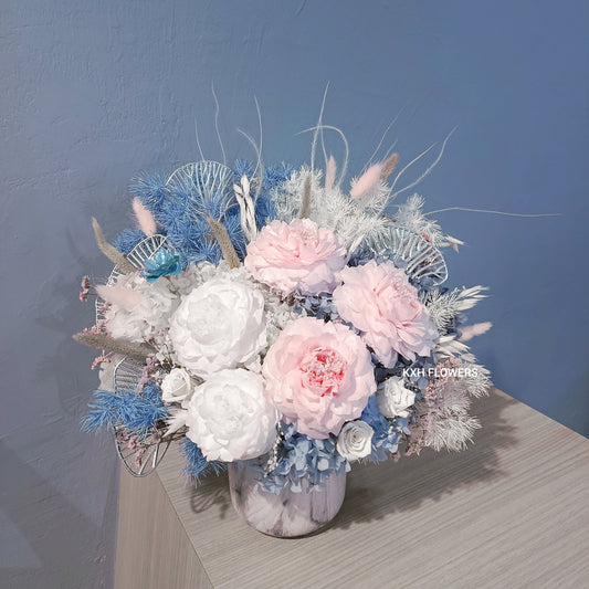 2 white preserved peonies and 3 pink preserved peonies luxury floral arrangement singapore florist sg delivery
