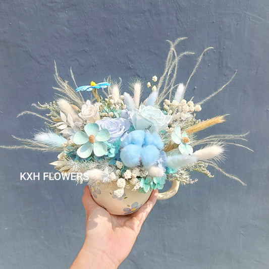 Tea cup blossoms blue preserved floral arrangement Singapore flower delivery
