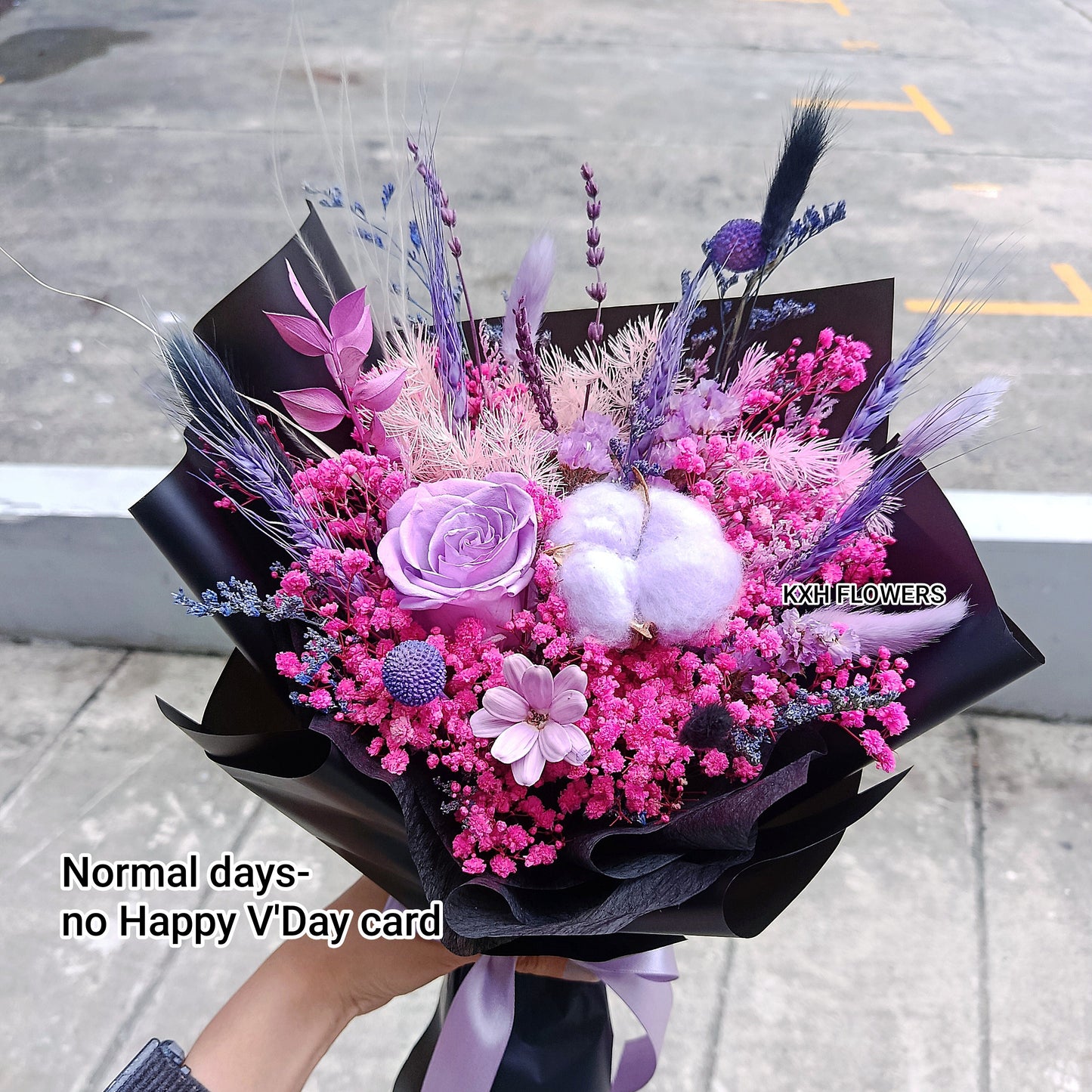 kuromi inspired pink and purple preserved flower bouquet in black wrapping include free V'day greeting card singapore flower delivery sg florist