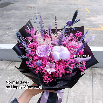 kuromi inspired pink and purple preserved flower bouquet in black wrapping include free V'day greeting card singapore flower delivery sg florist