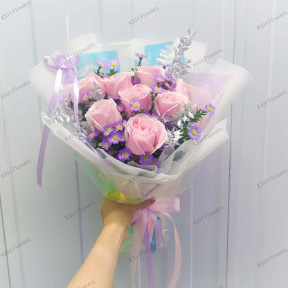 8 pink roses and purple daisies bouquet free delivery singapore