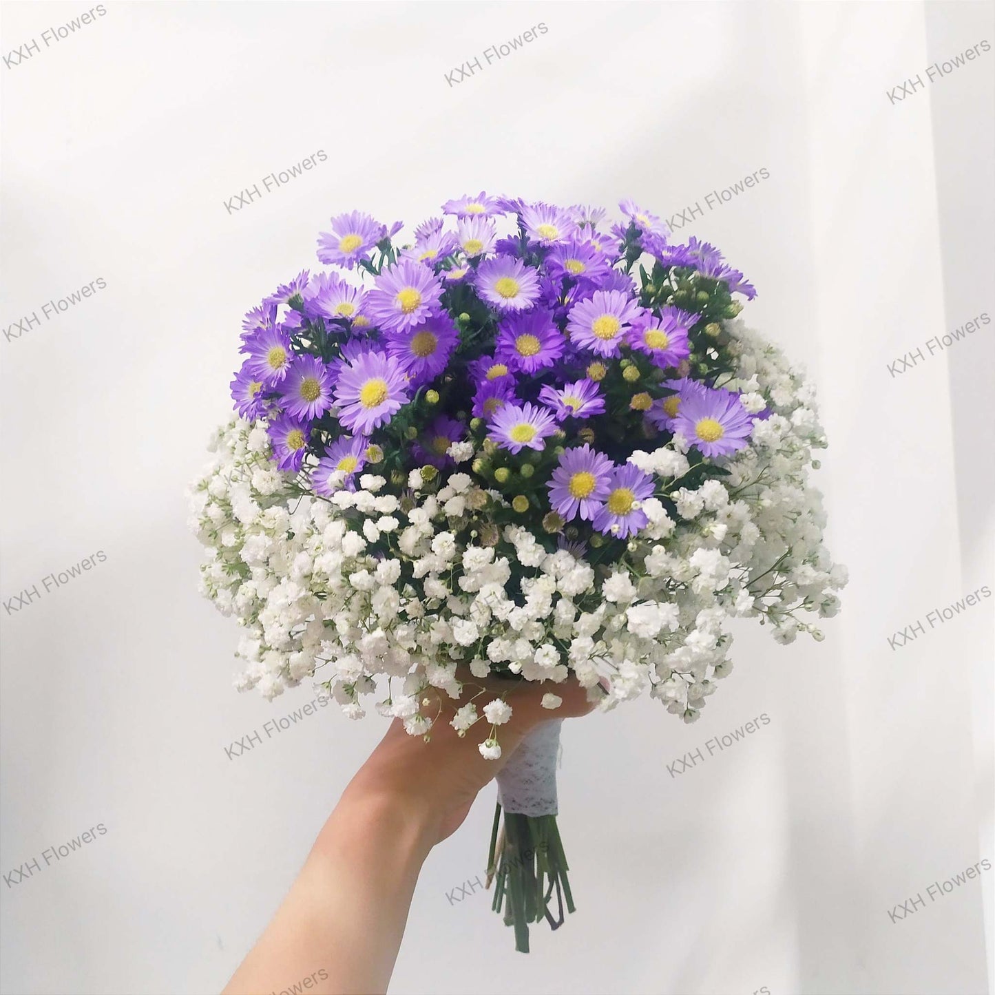 purple daisies and baby's breath bridal bouquet singapore free delivery