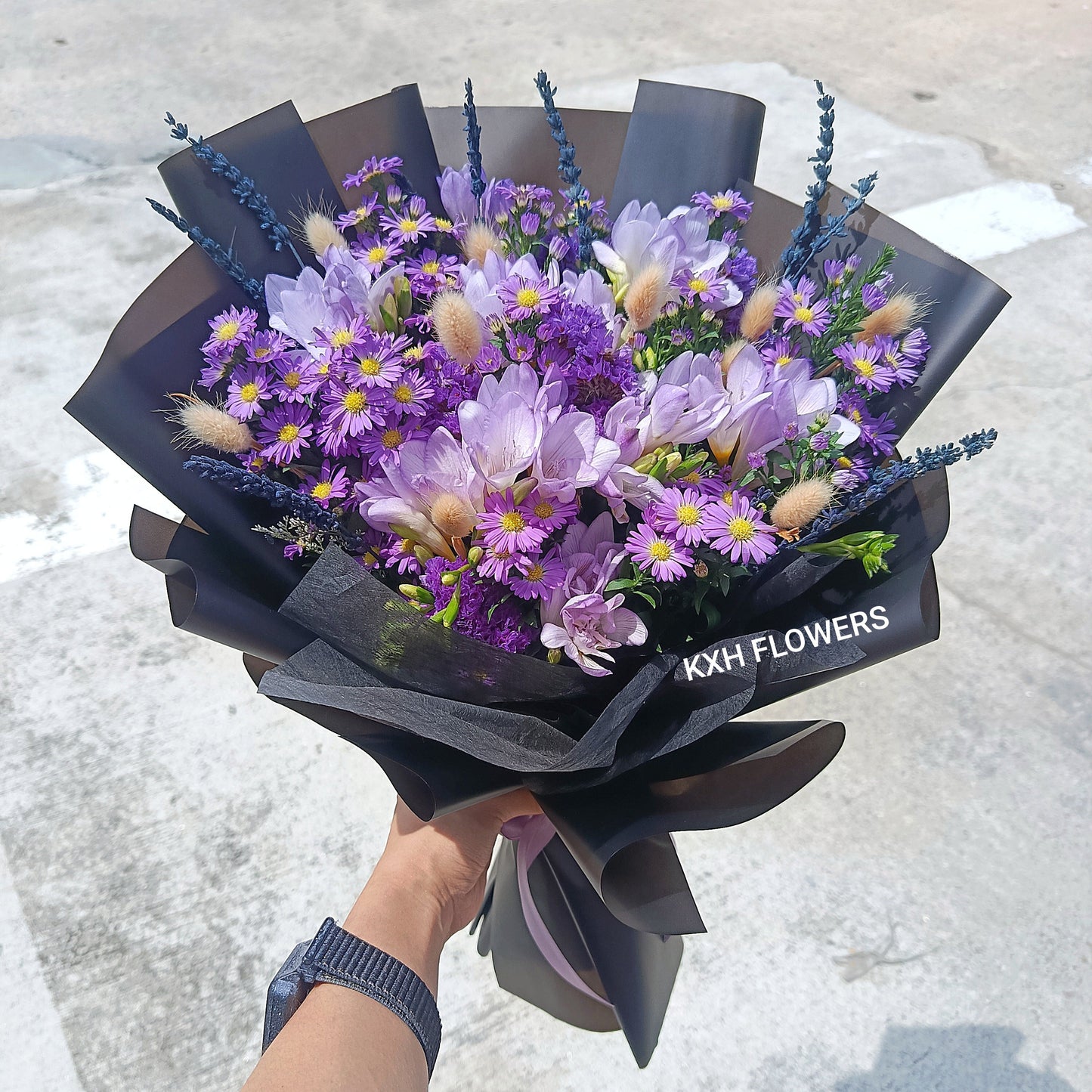 purple freesias bouquet with purple mini daisies and preserved lavender singapore