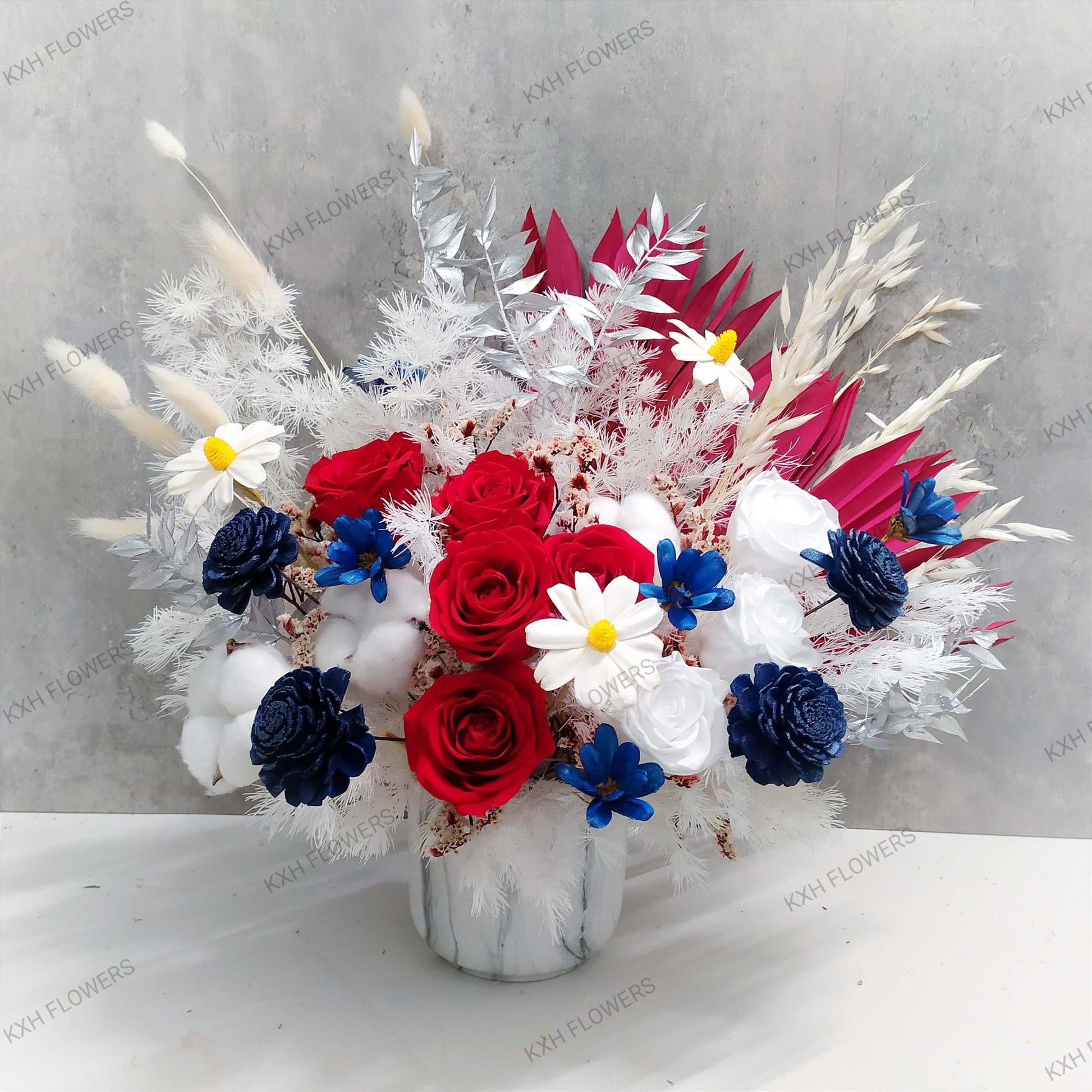 red white and blue preserved floral arrangement singapore florist delivery service